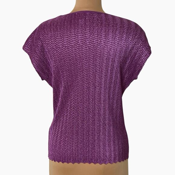 Tanjay Short Sleeve Top Womens Medium Micropleated Purple Blouse Scalloped Hem - Picture 2 of 10
